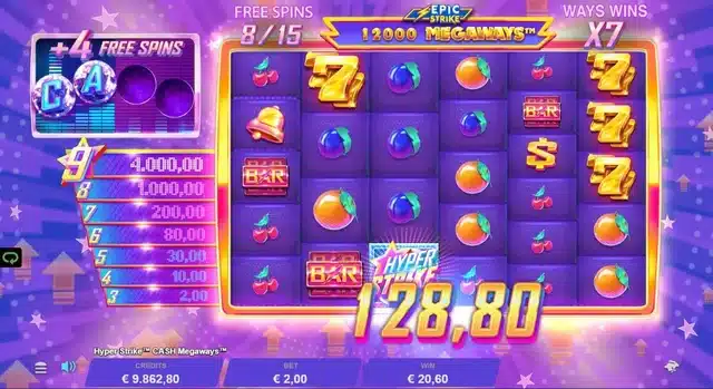 Hyper Strike Cash Megaways Free Spins showing the win multiplier and CASH scatter collection