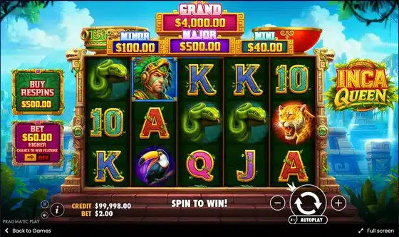 Inca Queen slot screenshot showing the 5x3 Incan temple reels with Mini, Minor, Major and Grand jackpot values