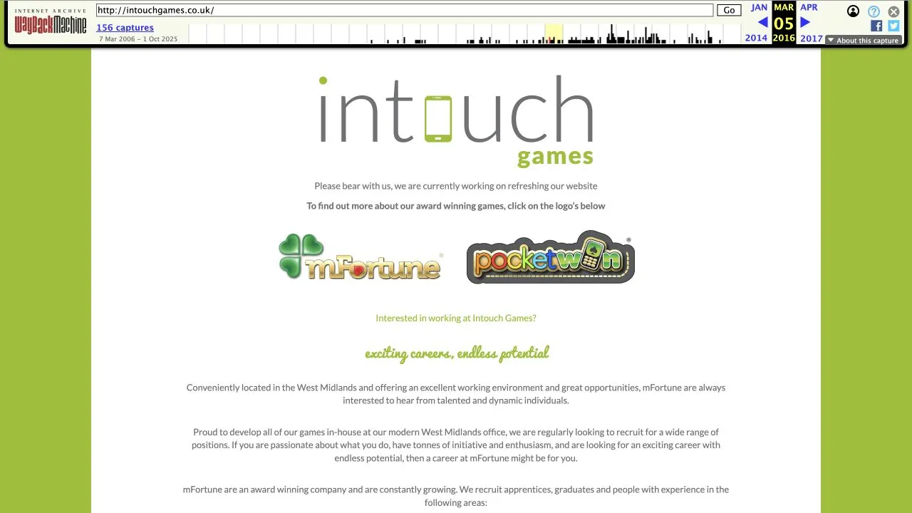 Archived In Touch Games official homepage from 2016