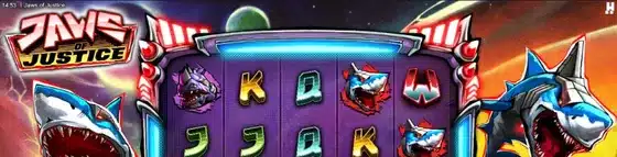 Jaws Of Justice slot screenshot showing the 5x4 space-themed reel grid with laser shark symbols
