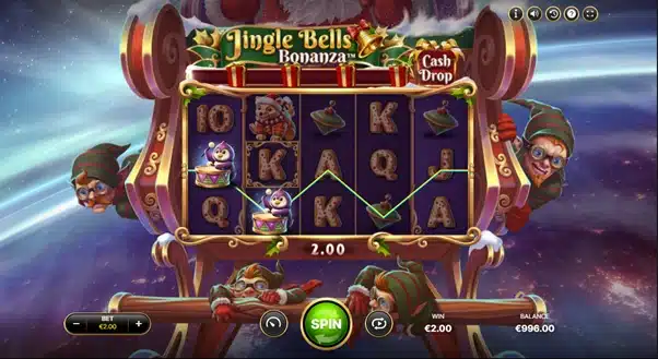 Jingle Bells Bonanza base game showing a winning combination with the Cash Drop feature icon visible