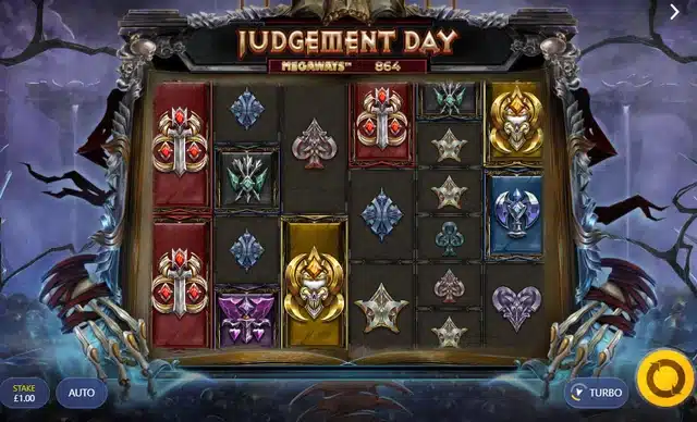 Judgement Day Megaways base game showing the apocalyptic Megaways grid