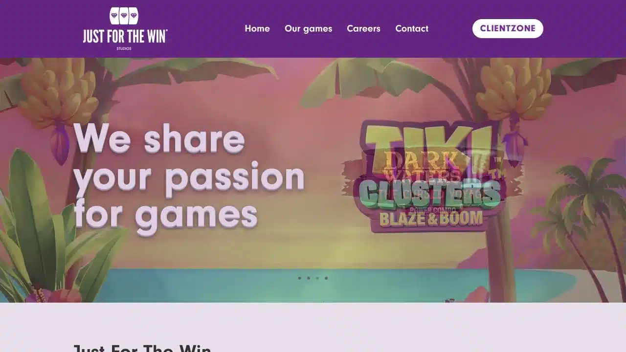 Just For The Win official homepage showing its current video-slot studio branding, checked July 2026