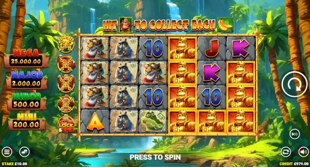 King Kong Cash Even Bigger Bananas 2 base game showing the jackpot ladder and banana cash symbols
