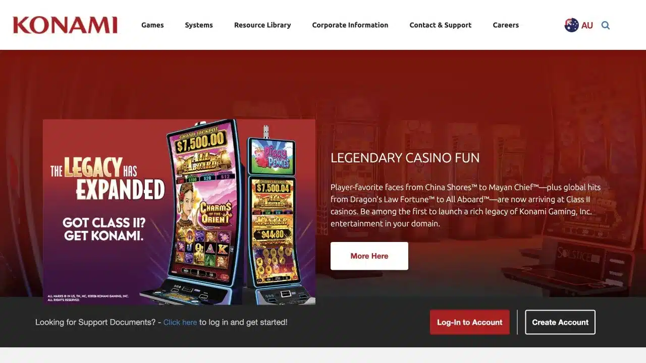 Konami Gaming official homepage showing its current casino games and systems business, checked July 2026