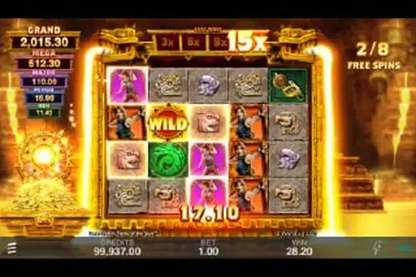 Lara Croft: Tomb of the Sun free spins gameplay showing the Multiplier Trail at 15x and a Wild on the reels
