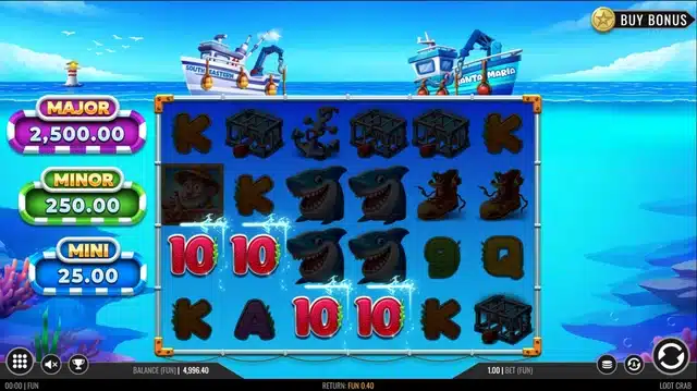 Loot Crab slot gameplay screenshot showing the 6x4 reel grid, jackpot ladder and Buy Bonus button