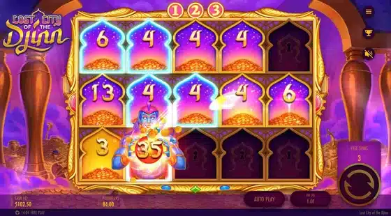 Lost City of the Djinn slot Djinn Spins bonus feature with locked cash values and the blue Djinn character on the grid