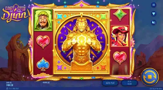 Lost City of the Djinn slot screenshot showing the golden Massive Mystery Symbol filling a 3x3 block on the reels