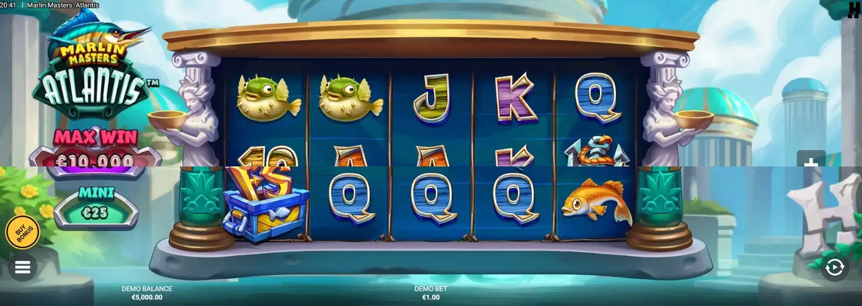 Marlin Masters Atlantis base game showing Marlin symbols and jackpot tiers