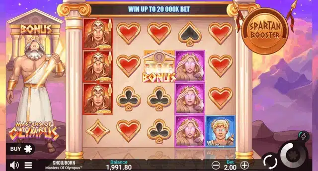 Masters Of Olympus slot gameplay screenshot showing the base game grid, Bonus symbol and Spartan Booster meter