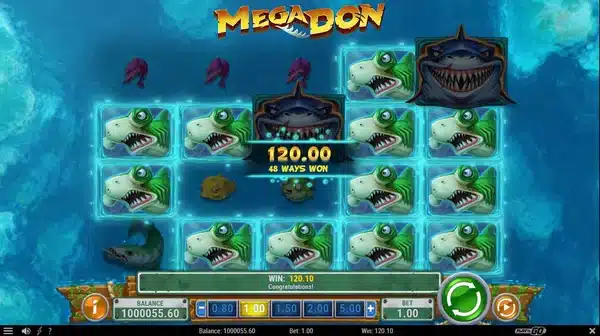 Mega Don gameplay screenshot showing shark and fish symbols on the reels after a winning spin