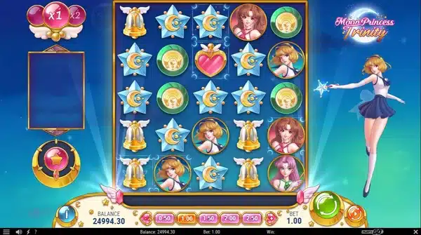 Moon Princess Trinity gameplay screenshot showing the 5x5 cluster pays grid with princess symbols