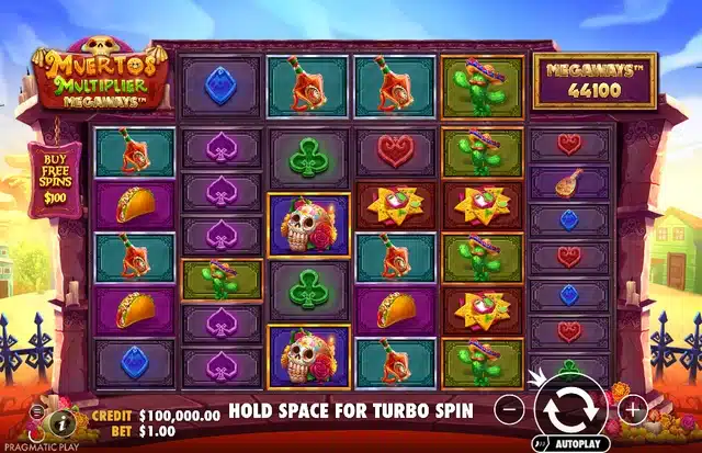 Muertos Multiplier Megaways base game showing the Megaways grid and Buy Free Spins button