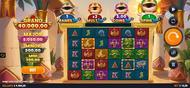 Mummy Mania Perks Up Power Combo base game showing the 6x5 grid, the four Perks Up meters and the jackpot ladder