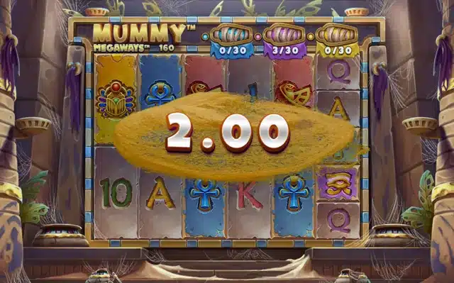 Mummy Megaways big win with an expanding purple wild covering a reel