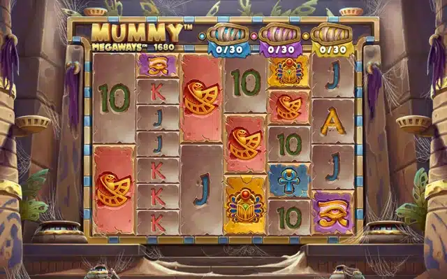 Mummy Megaways base game showing the three colored Feature Bars above the reels
