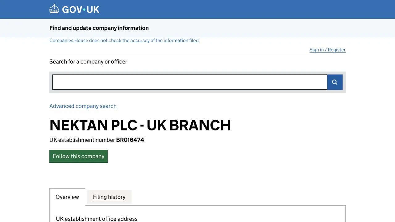 Nektan plc UK branch official Companies House record, checked July 2026