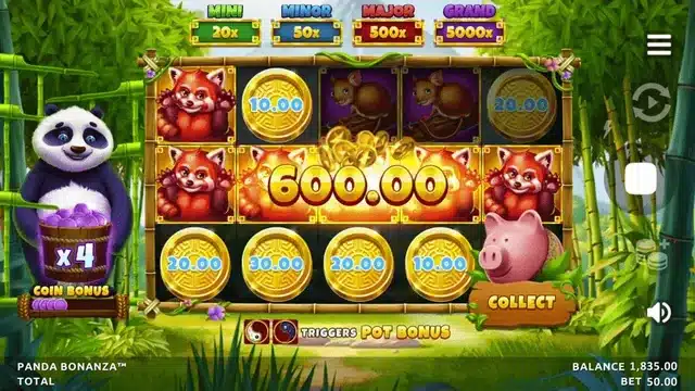 Panda Bonanza Piggy Bank and Pot Bonus feature showing the Mini Minor Major Grand prize ladder