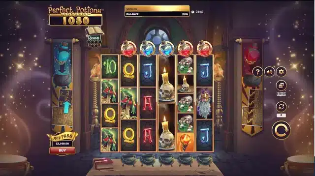 Perfect Potions Megaways gameplay screenshot showing the base game reels with red and blue potion bottles above reels 2 to 6