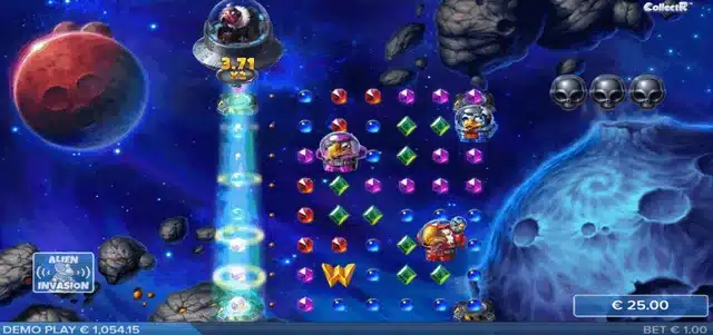 Pirots 4 Alien Invasion feature with a UFO beaming up symbols