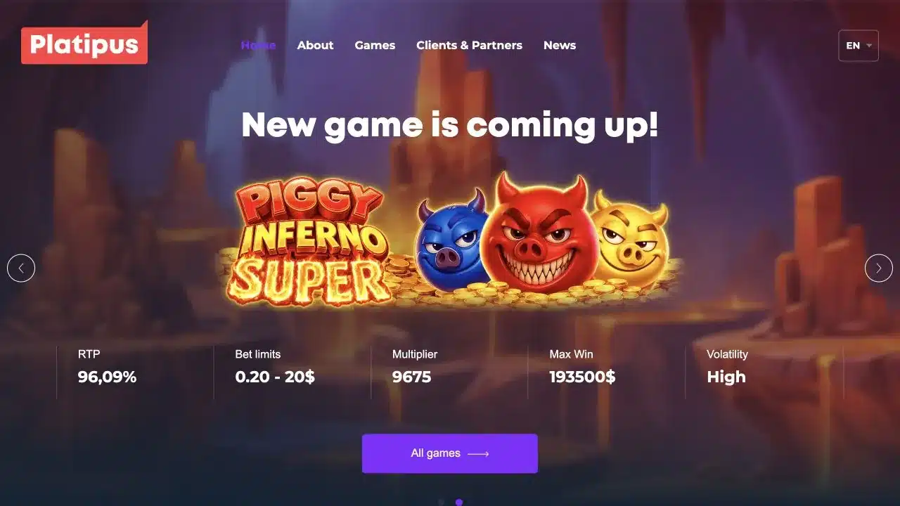 Platipus Gaming official website captured in July 2026