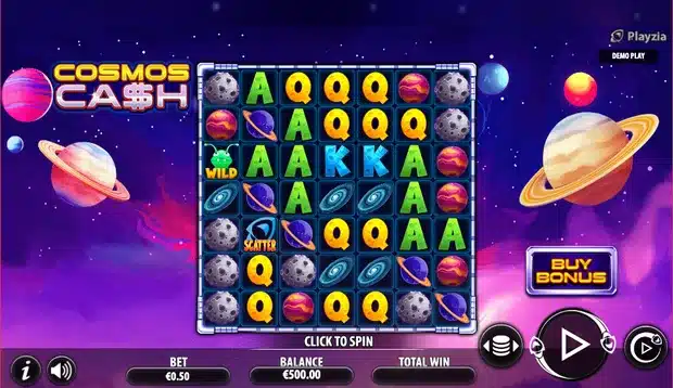 Cosmos Cash by Playzia, a 7x7 grid slot shown in the demo