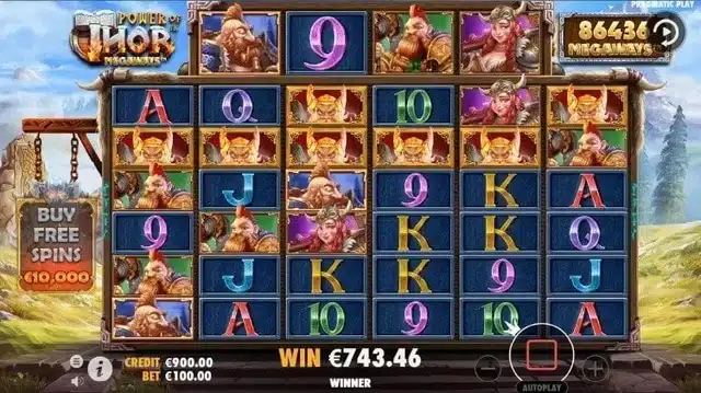 Power of Thor Megaways base game showing the Megaways grid and Buy Free Spins button