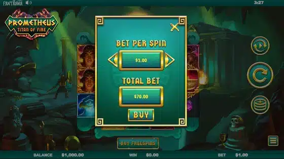 Prometheus Titan Of Fire slot screenshot showing the bet panel and reel symbols including the eagle and warrior icons