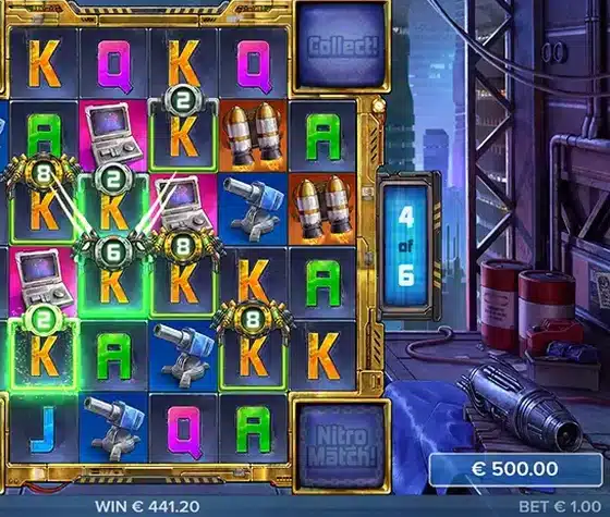 Pug Thugs of Nitropolis gameplay showing stacked Nitro Reels connecting across the grid