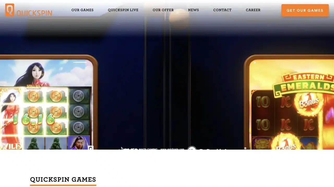 Quickspin official homepage showing its current games and live casino navigation, checked July 2026