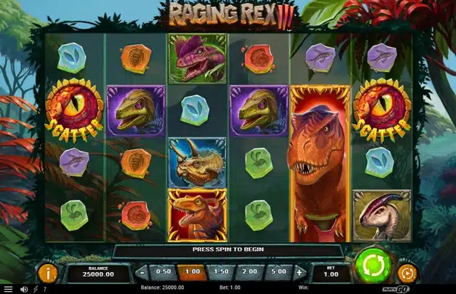 Raging Rex 3 base game showing the 6x4 grid and dinosaur symbols