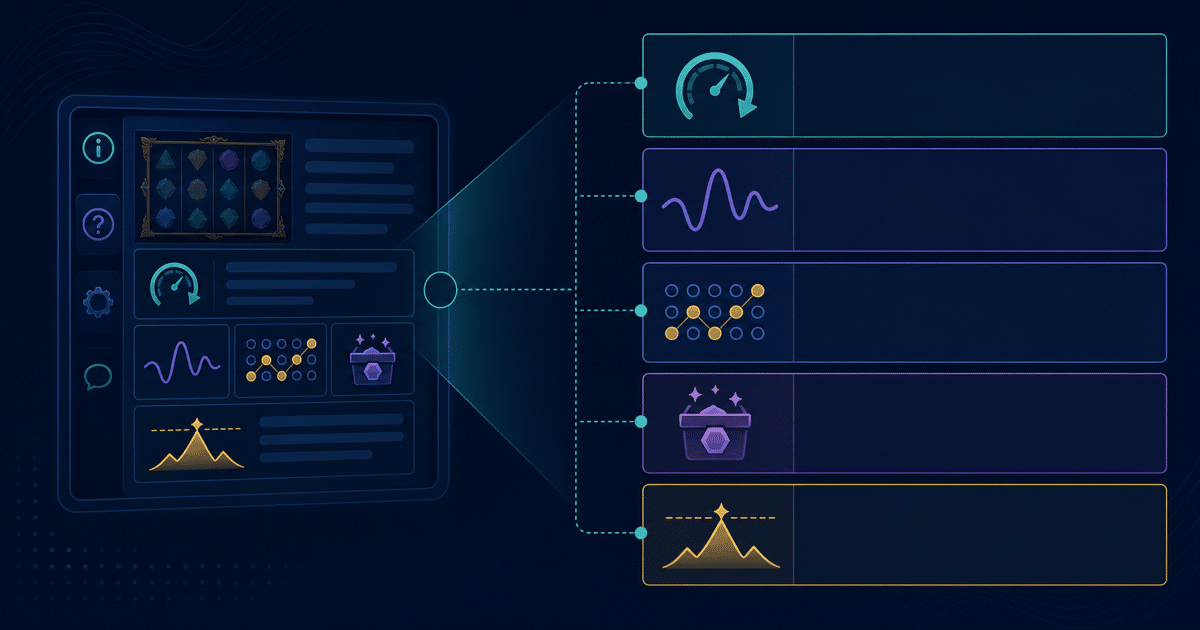 Abstract slot help panel expanded into sections for return, volatility, pay rules, bonus rules and maximum ceiling