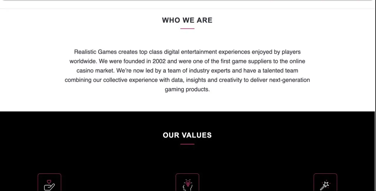 Archived Realistic Games official About page from January 2024 showing the former studio identity