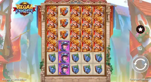 Regal Knights slot gameplay screenshot showing the 5x6 grid, shield low-pay symbols and knight high-pay symbols