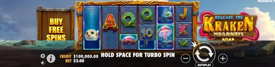 Release the Kraken Megaways base game showing the Megaways grid