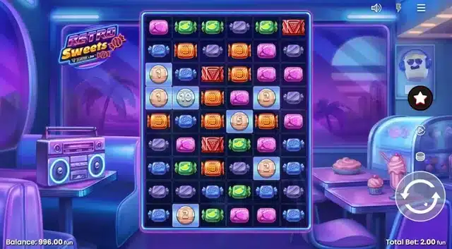 Retro Sweets slot screenshot showing the 6x9 cluster pays grid with candy symbols and Instant Prize coins