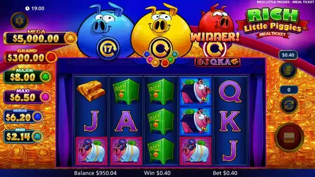 Rich Little Piggies Meal Ticket base game showing a coin landing towards one of the three piggy meters