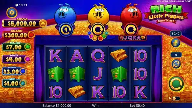 Rich Little Piggies Meal Ticket base game reels with the blue, yellow and red piggy coin meters and the Mini to Mega jackpot ladder