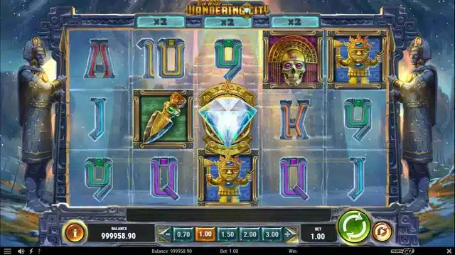 Rich Wilde And The Wandering City base game showing the 243 ways grid and Diamond wild scatter symbol