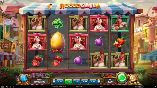 Rocco Gallo slot gameplay screenshot showing the 5x3 reels with vegetable and chicken symbols