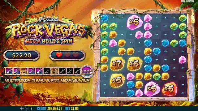 Rock Vegas Mega Hold and Spin showing the 10x10 grid with multiplier rocks