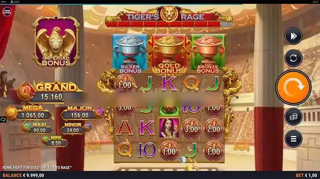 Rome Fight for Gold the Tigers Rage base game showing the three bonus tier cups