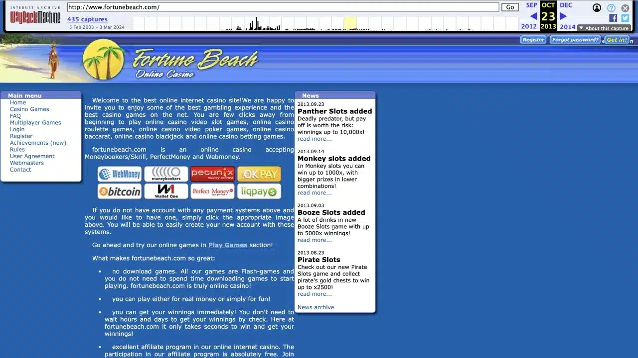 Archived Fortune Beach homepage associated with Roundstone software