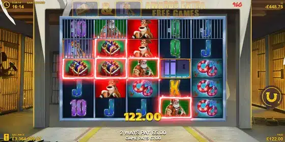Saint Nicked free spins feature showing the expanded 5x5 prison-themed grid