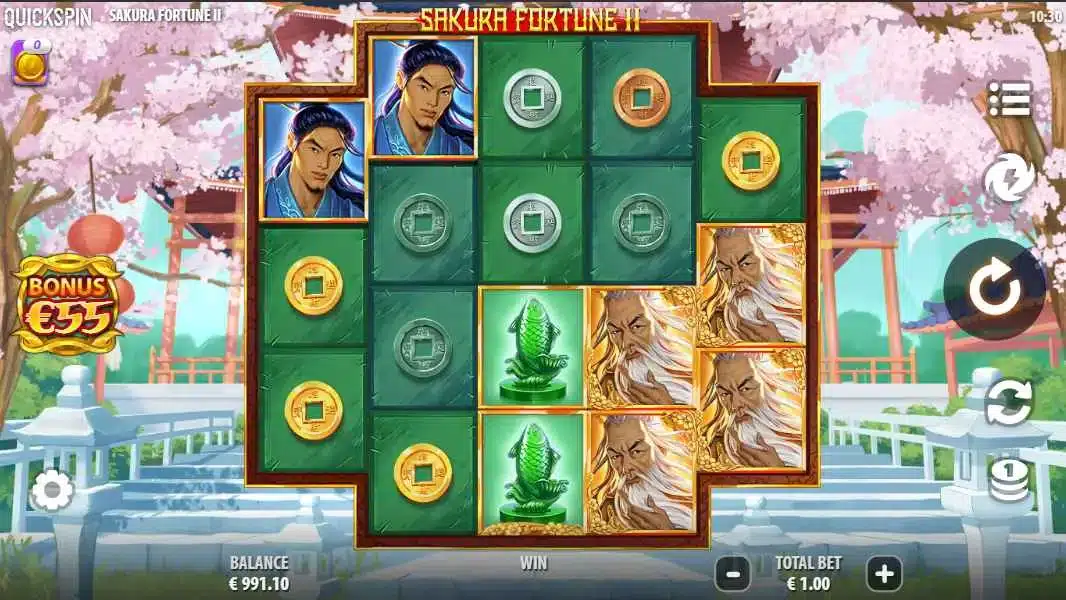 Sakura Fortune 2 base game showing the 3-4-4-4-3 grid with coin and character symbols