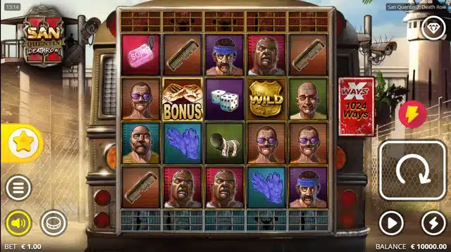 San Quentin 2 Death Row base game showing the 5x4 grid and the 1024 ways to win indicator