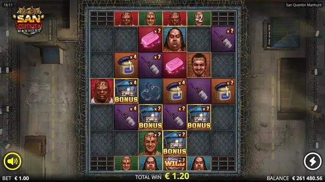 San Quentin Manhunt Manhunt Spins with a x7 Wild on the fully expanded grid