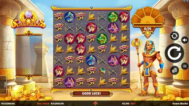 Scara Bucks slot screenshot showing the 7x7 cluster pays grid