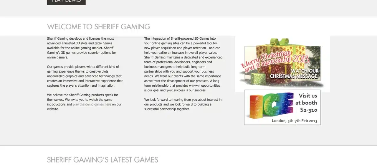 Archived Sheriff Gaming official developer homepage from January 2013